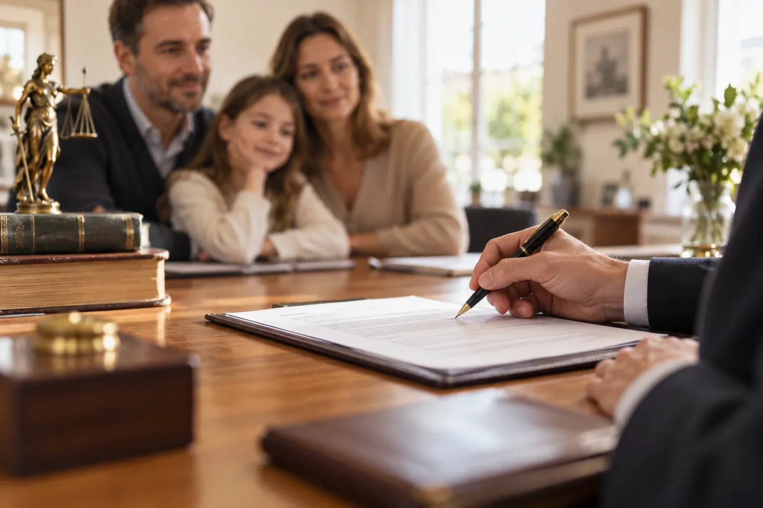 Couple et leur fille souriant pendant signature d’un contrat d’assurance vie par un notaire