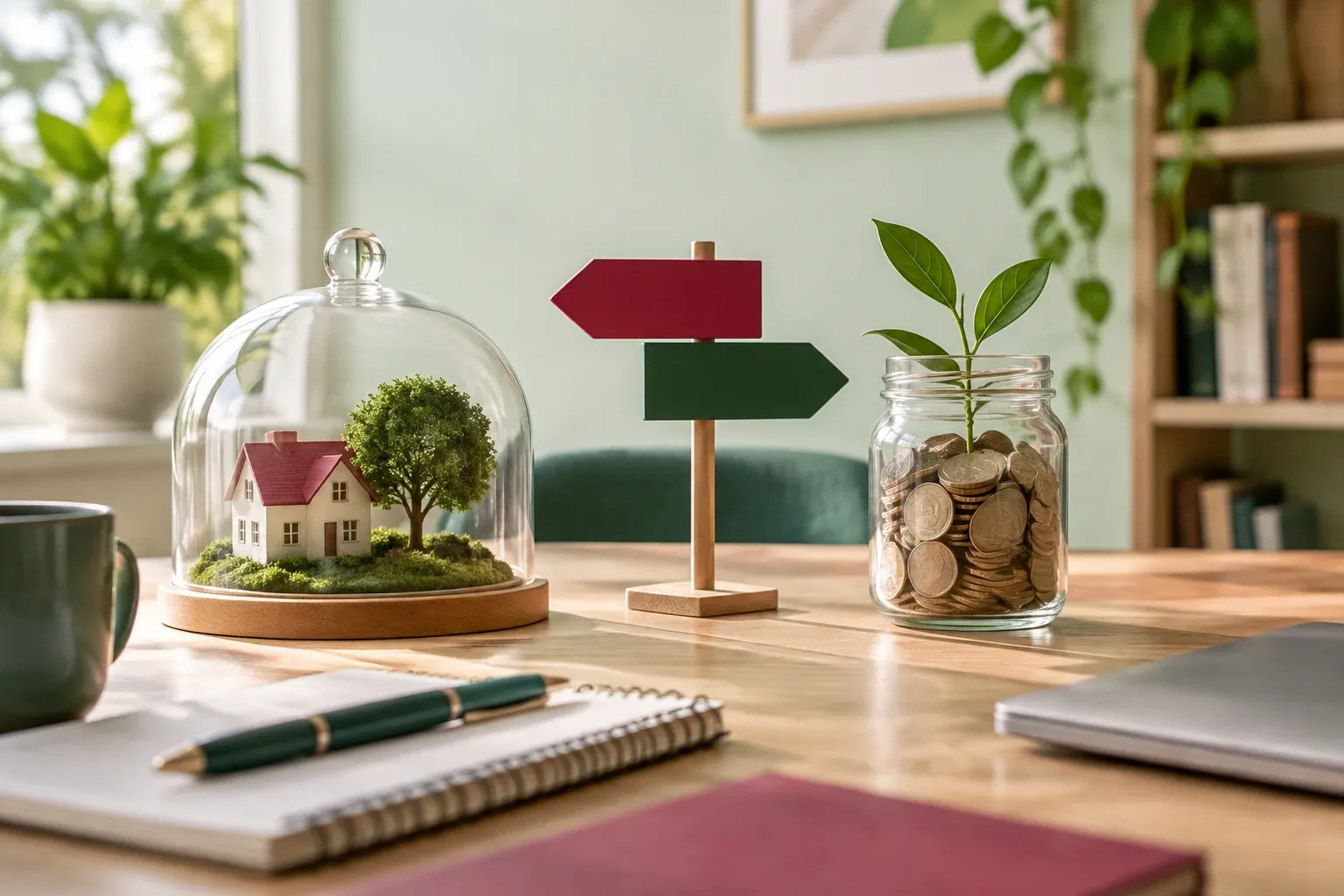 Maison miniature sous cloche, panneau directionnel et bocal de pièces avec plante jeune