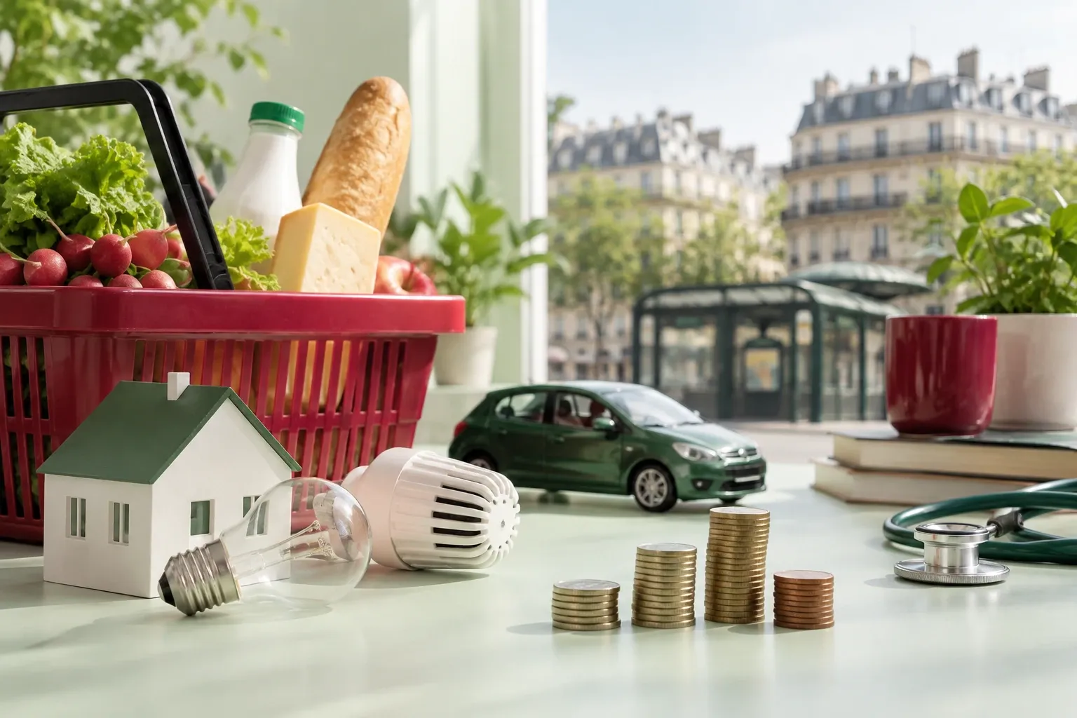 Panier de courses, pièces empilées, maison miniature, ampoule, voiture miniature, stéthoscope