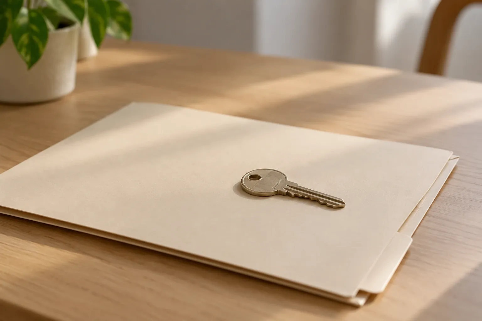 Clé métallique posée sur une chemise beige sur une table en bois éclairée naturellement