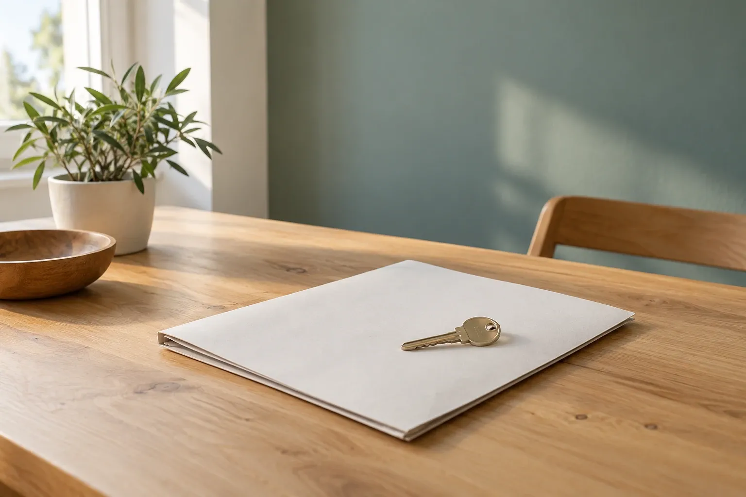Clé métallique posée sur dossier blanc sur une table en bois clair, plante et chaise en arrière-plan