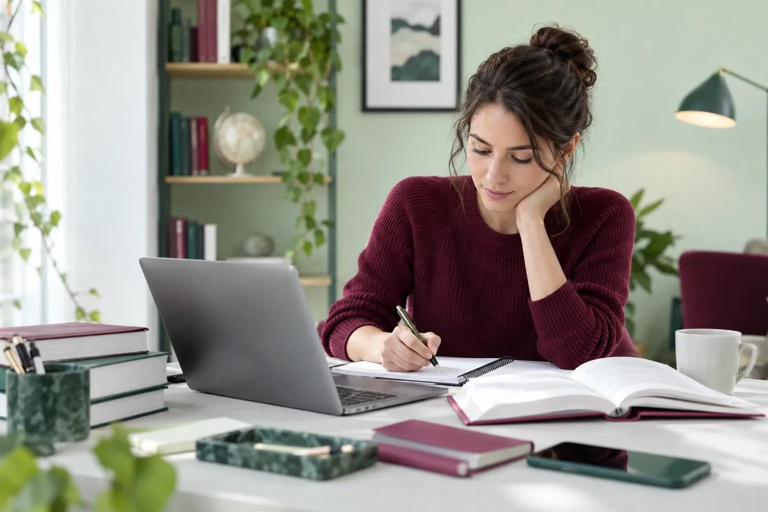 Jeune femme concentrée prenant des notes devant un ordinateur portable et manuels ouverts