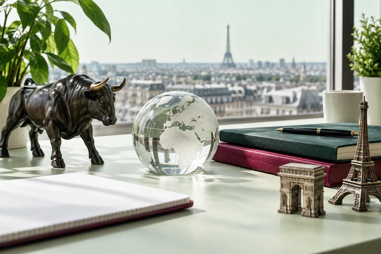 Bureau avec taureau en bronze, globe en verre, mini-Tour Eiffel et carnet lumineux