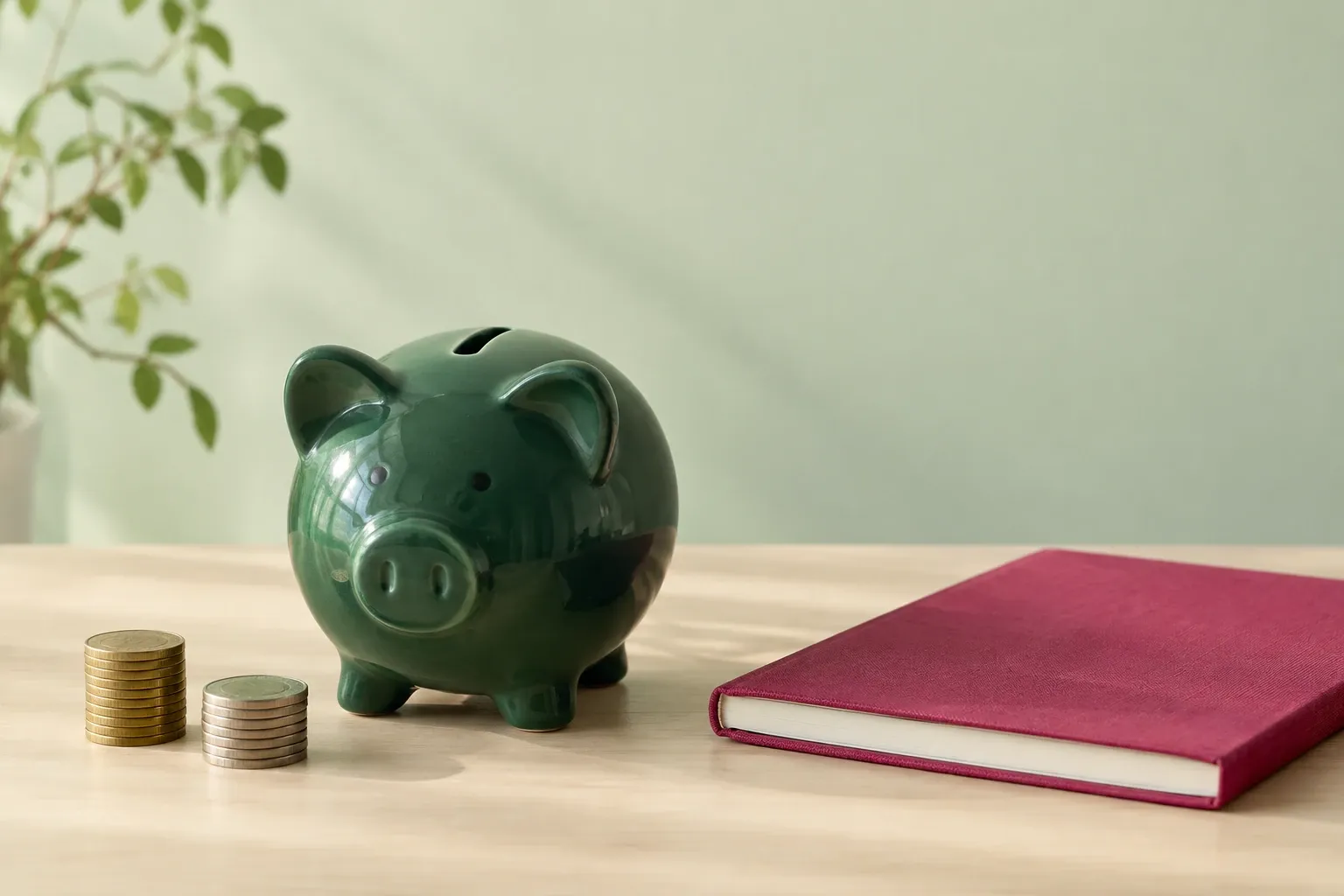 Tirelire en porcelaine verte, piles de pièces et carnet rouge sur table éclairée