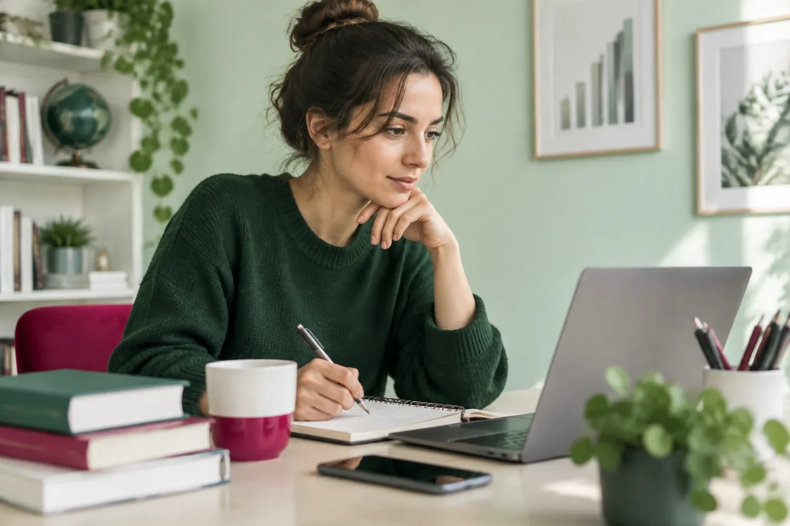 Femme assise à table prenant des notes devant un ordinateur portable, tasse et livres
