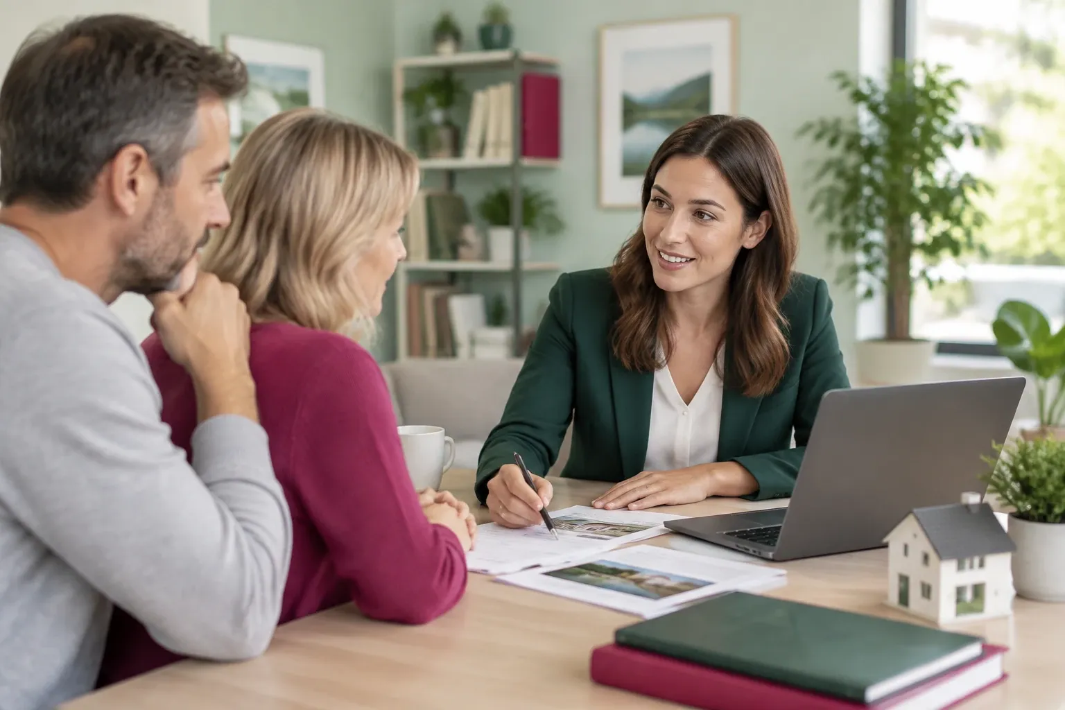 Conseillère souriante expliquant documents financiers à un couple autour d'un bureau lumineux
