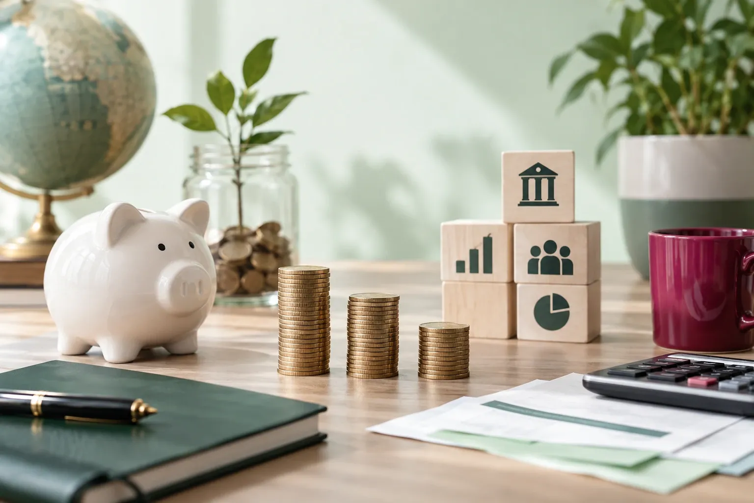 Tirelire en porcelaine, piles de pièces, cubes financiers et documents sur bureau lumineux