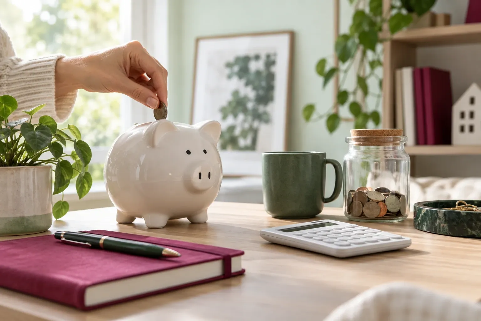 Main déposant une pièce dans une tirelire cochon sur bureau avec calculatrice et carnet