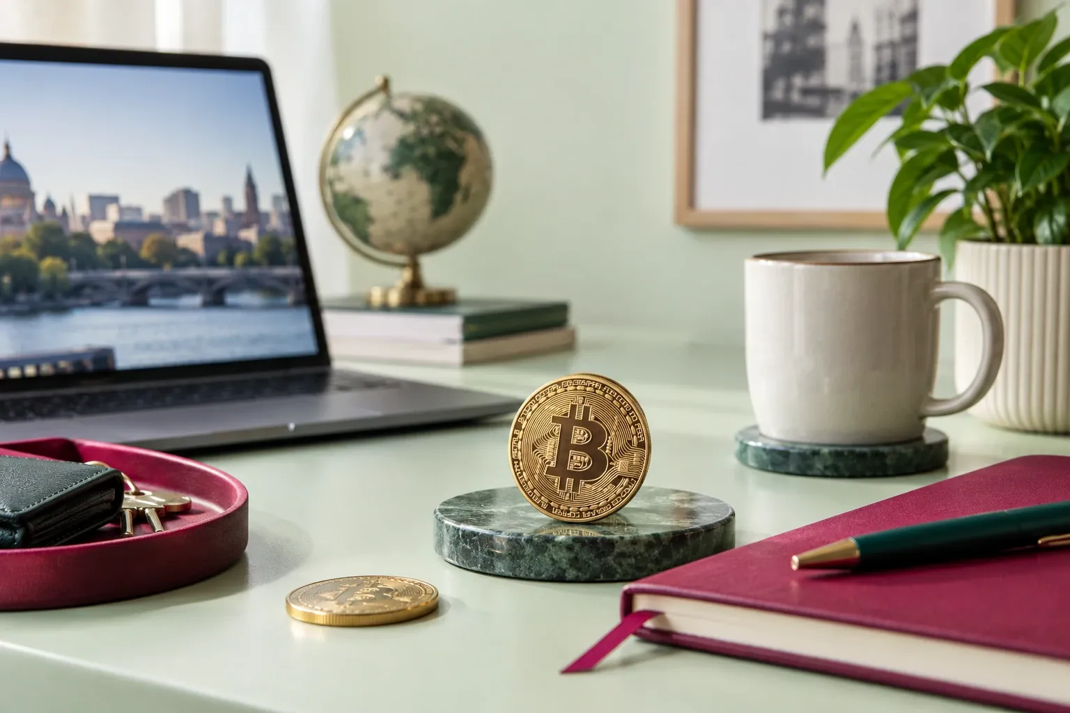 Pièce Bitcoin dorée sur socle, ordinateur portable, carnet et tasse sur bureau lumineux