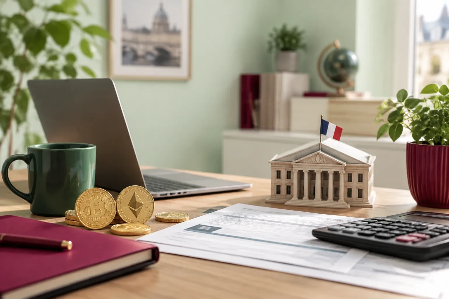 Bureau avec ordinateur, pièces Bitcoin et Ethereum, maquette de bâtiment public drapeau français