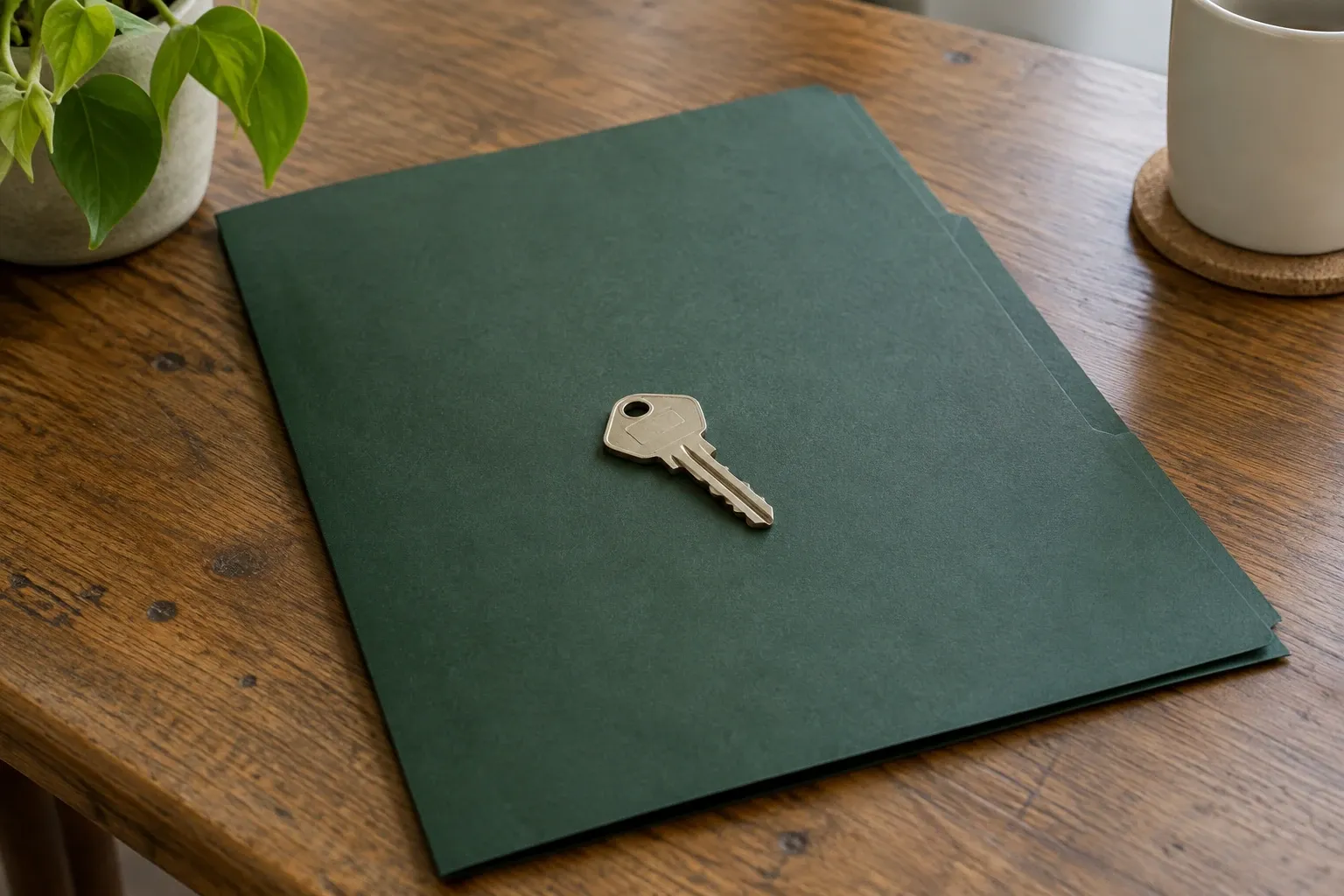 Clé métallique posée sur une chemise verte sur une table en bois, plante et tasse visibles