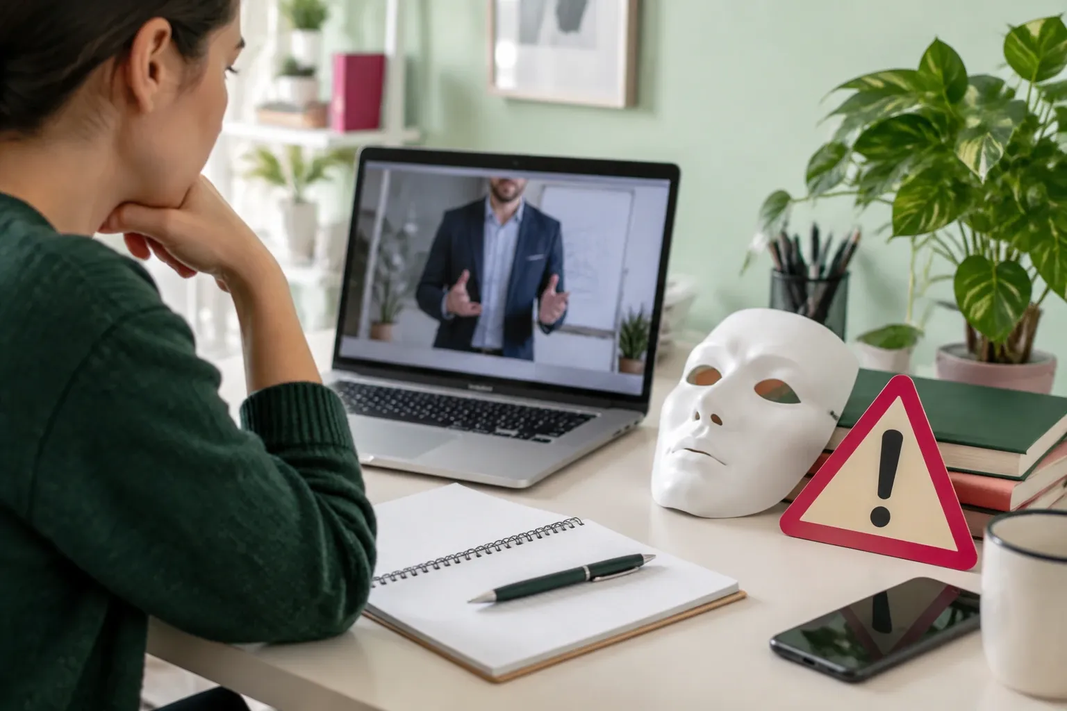 Femme regardant formation en ligne sur ordinateur, masque blanc et panneau attention sur bureau