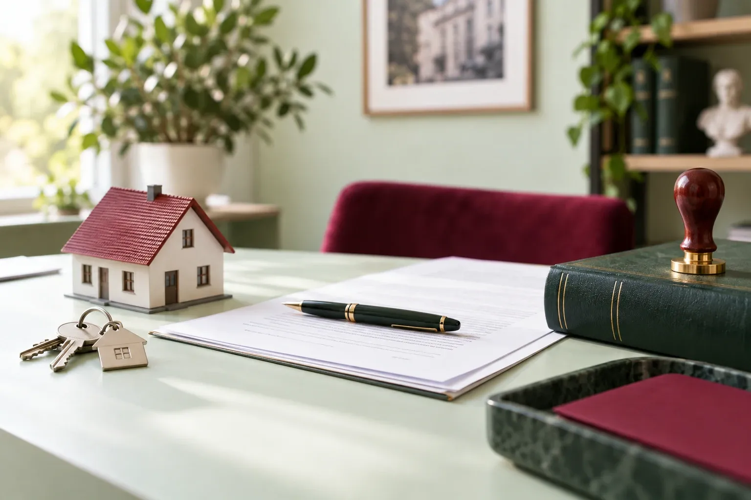 Maquette de maison, clés, contrat signé, stylo et tampon de notaire sur bureau lumineux