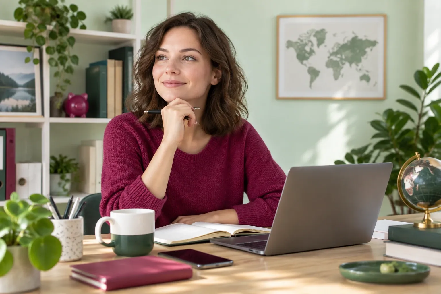 Femme souriante réfléchissant devant ordinateur portable, carnet ouvert et tasse à côté