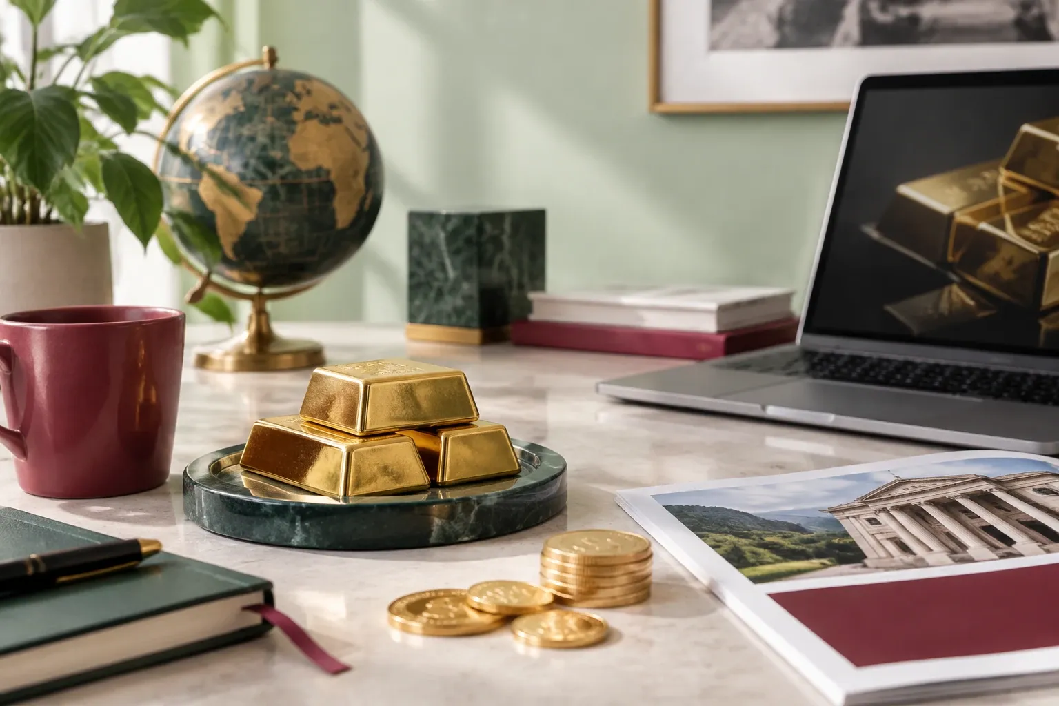 Lingot d'or empilé sur plateau, pièces d'or, ordinateur et globe sur bureau