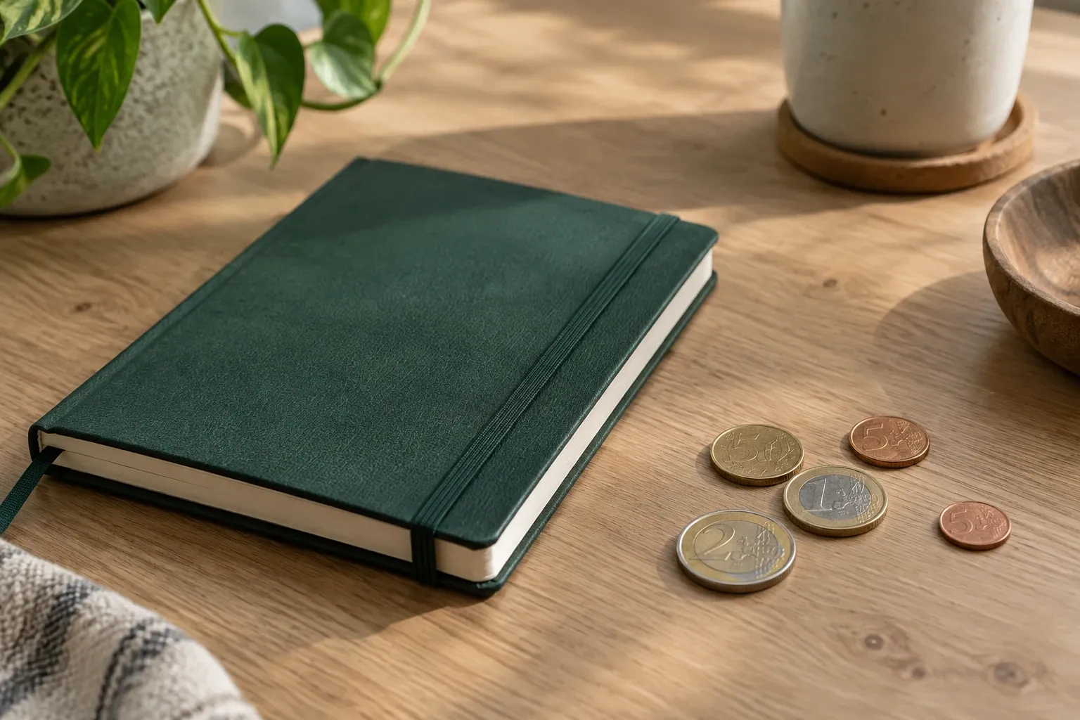 Carnet vert fermé posé sur table en bois avec quelques pièces en euros, lumière naturelle