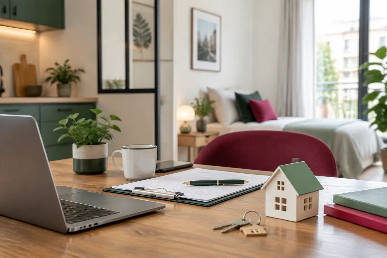 Bureau dans studio meublé avec ordinateur, clés, petite maquette de maison, dossier et tasse