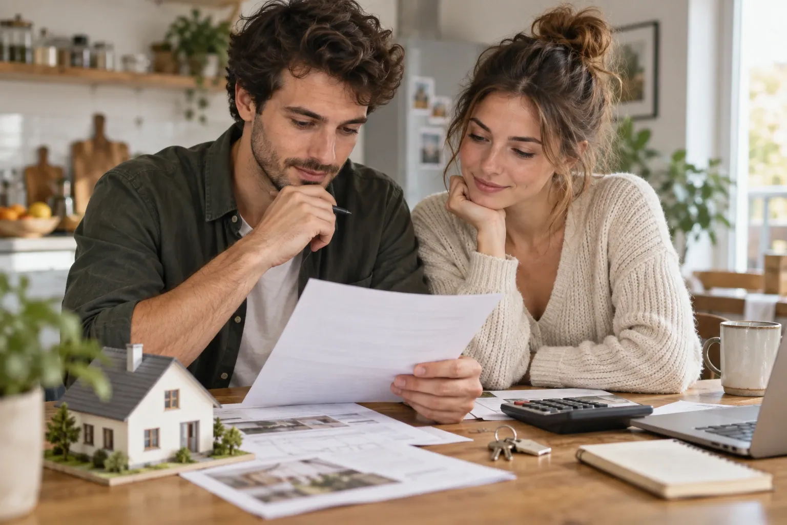Jeune couple examinant des documents immobiliers à table, maquette de maison présente