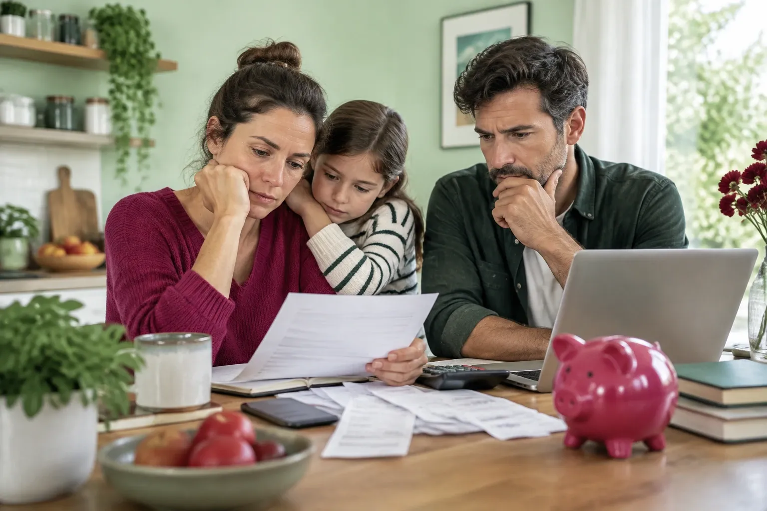 Parents inquiets avec enfant, examinant factures et tirelire rose sur table