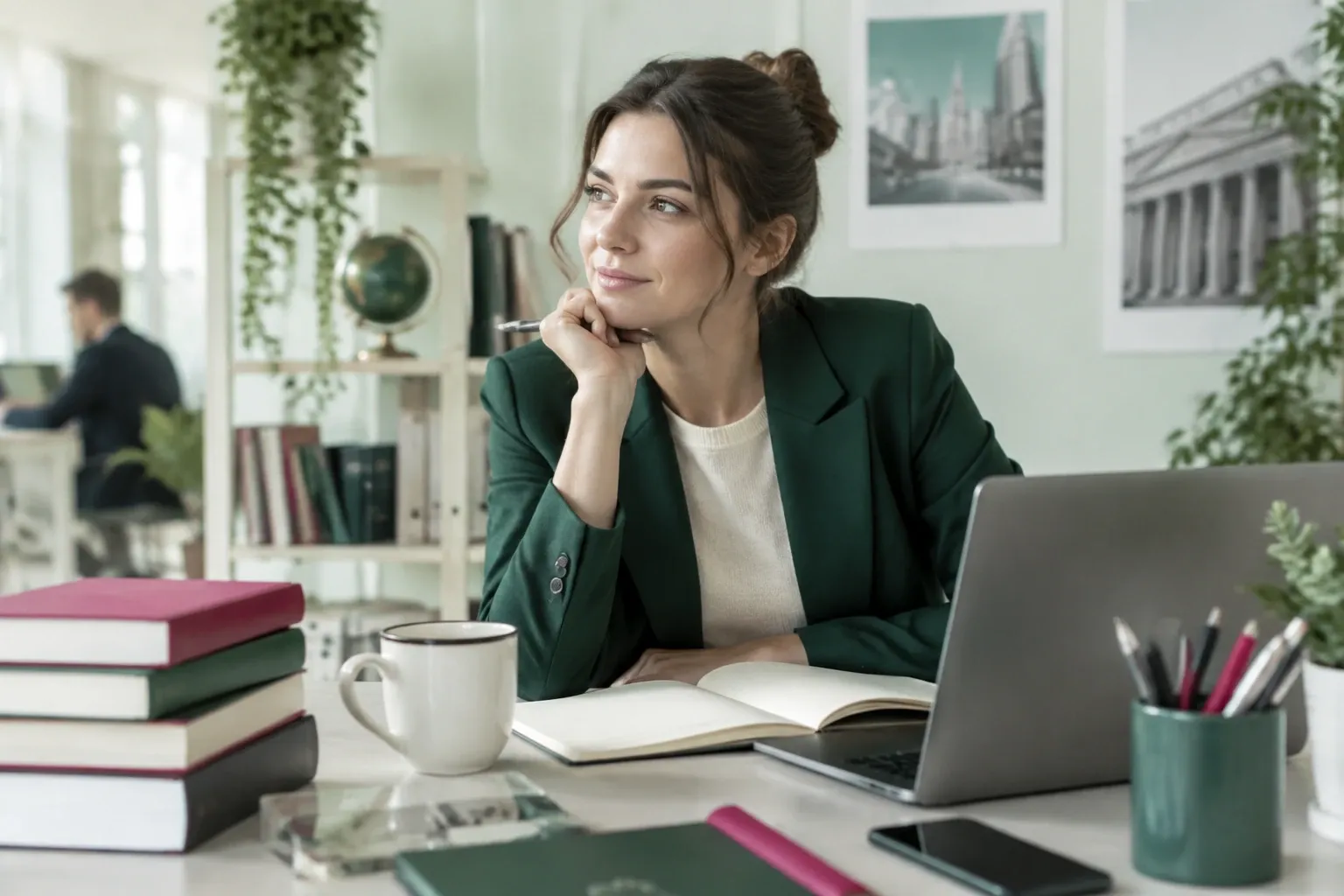 Jeune femme en tailleur vert réfléchissant à son bureau avec ordinateur, carnet, tasse