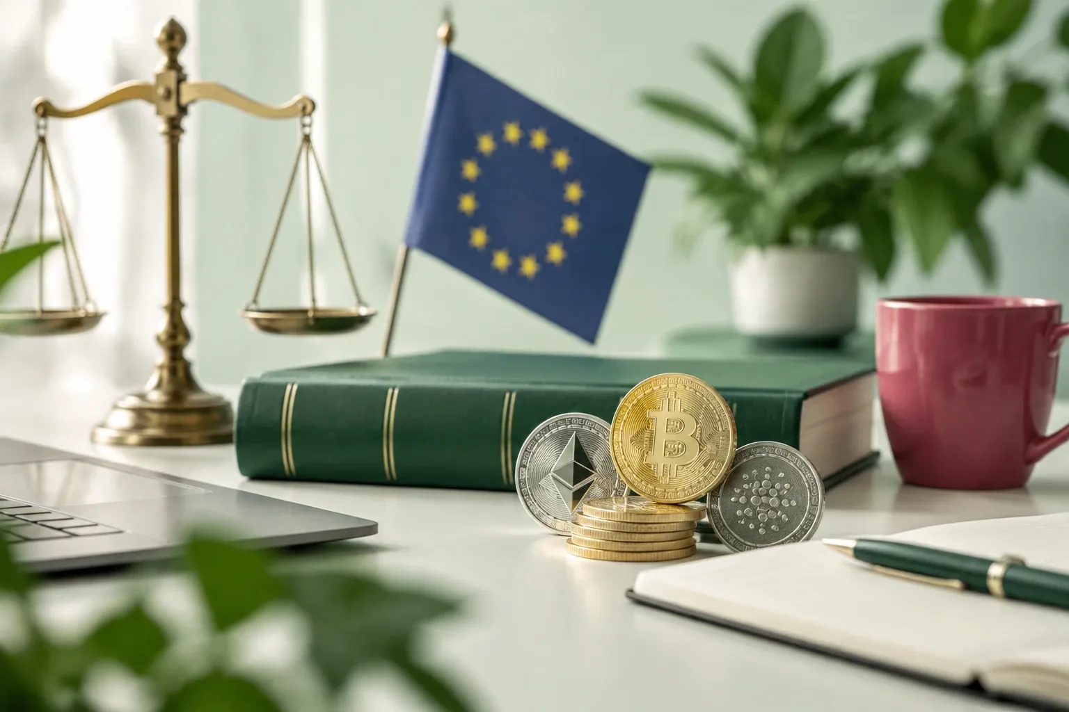 Pile de pièces Bitcoin et Ethereum devant un livre vert, balance et drapeau européen sur bureau