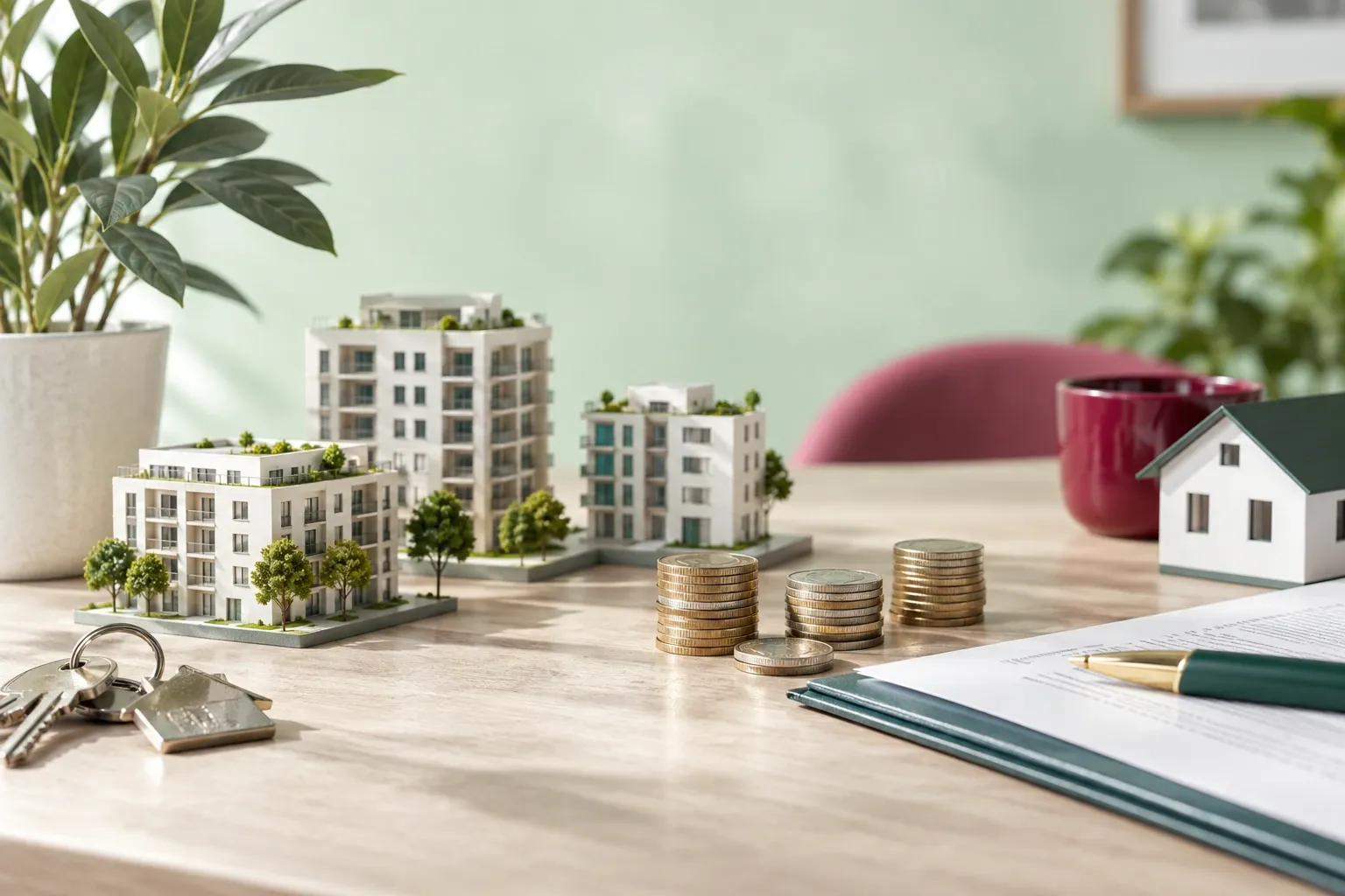 Maquettes d'immeubles, piles de pièces, clés et contrat sur table lumineuse