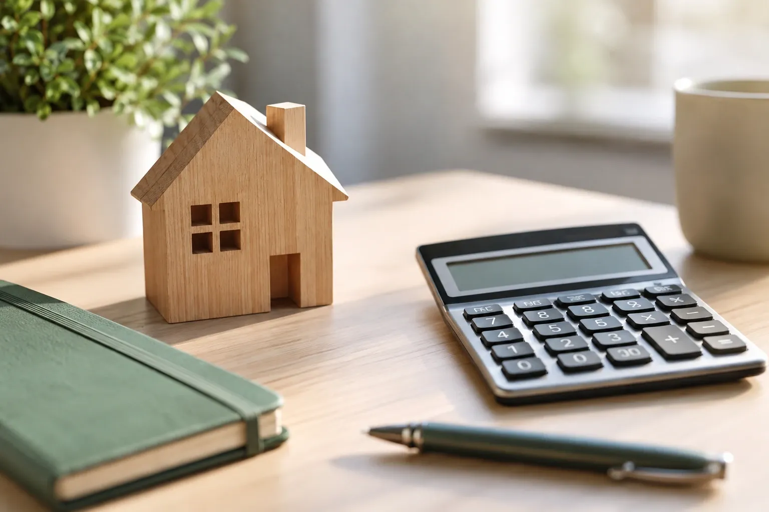 Mini-maison en bois, calculatrice, carnet et stylo sur bureau lumineux pour simulation crédit immobilier