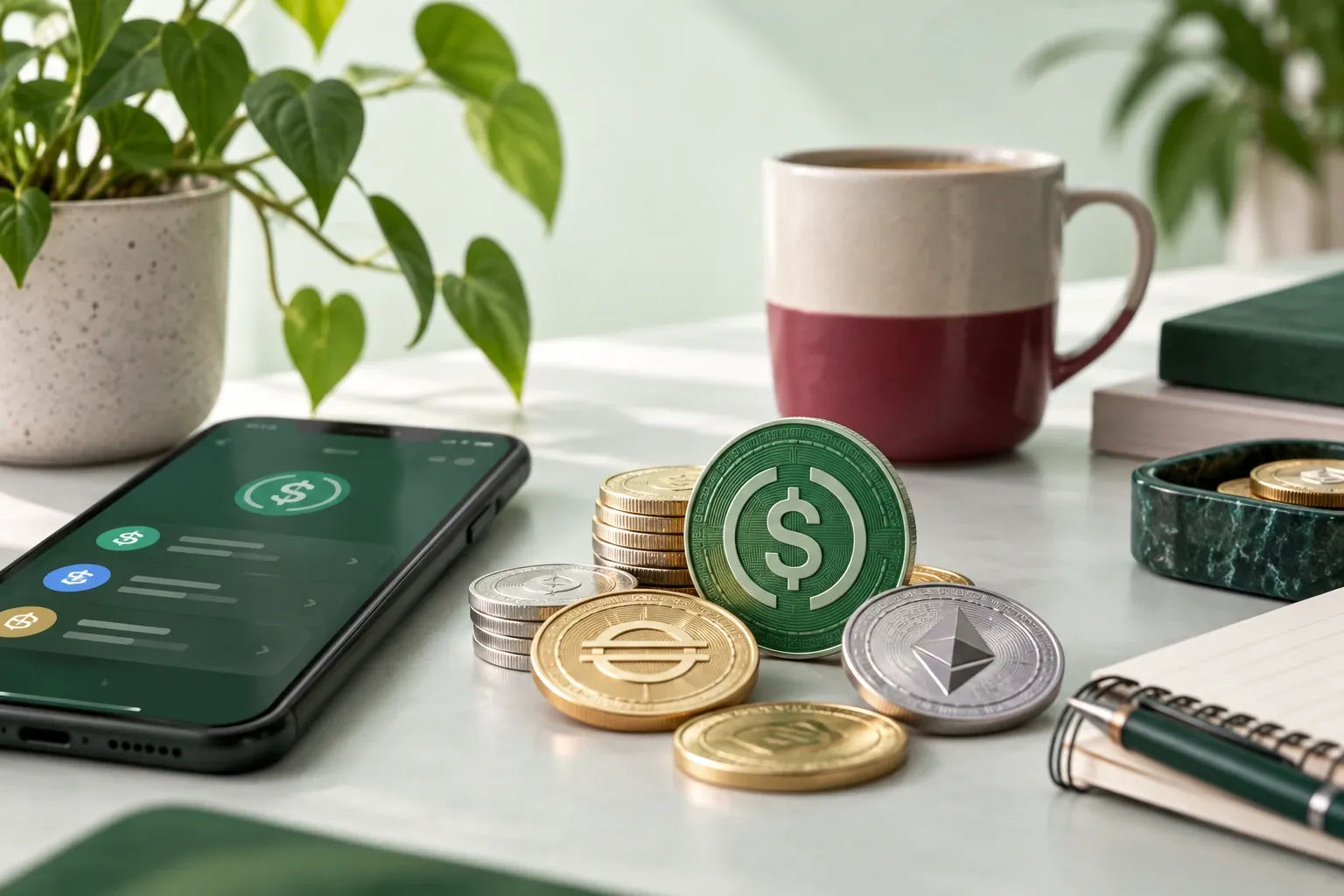 Pile de pièces symbolisant stablecoins et smartphone affichant application de crypto, tasse en arrière-plan