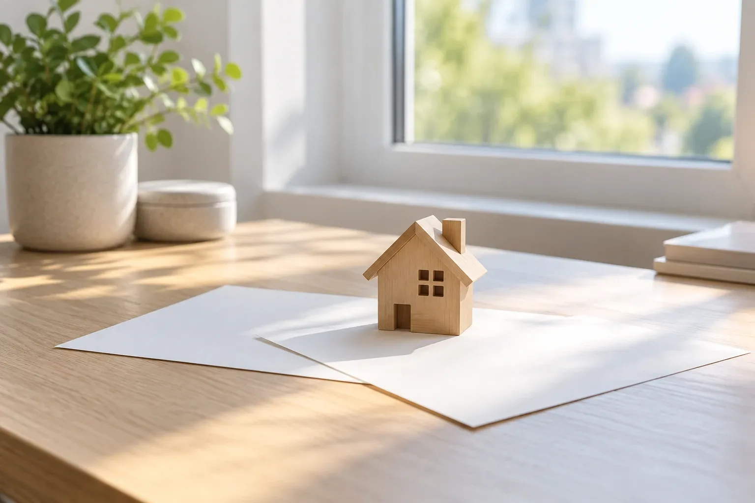 Miniature de maison en bois posée sur des papiers près d'une fenêtre ensoleillée